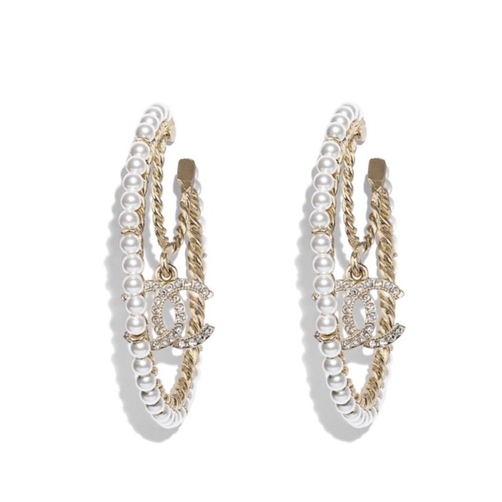 2021 Authentic Chanel XL Crystal Pearl CC Drop Hoop Earrings Gold Pearly White